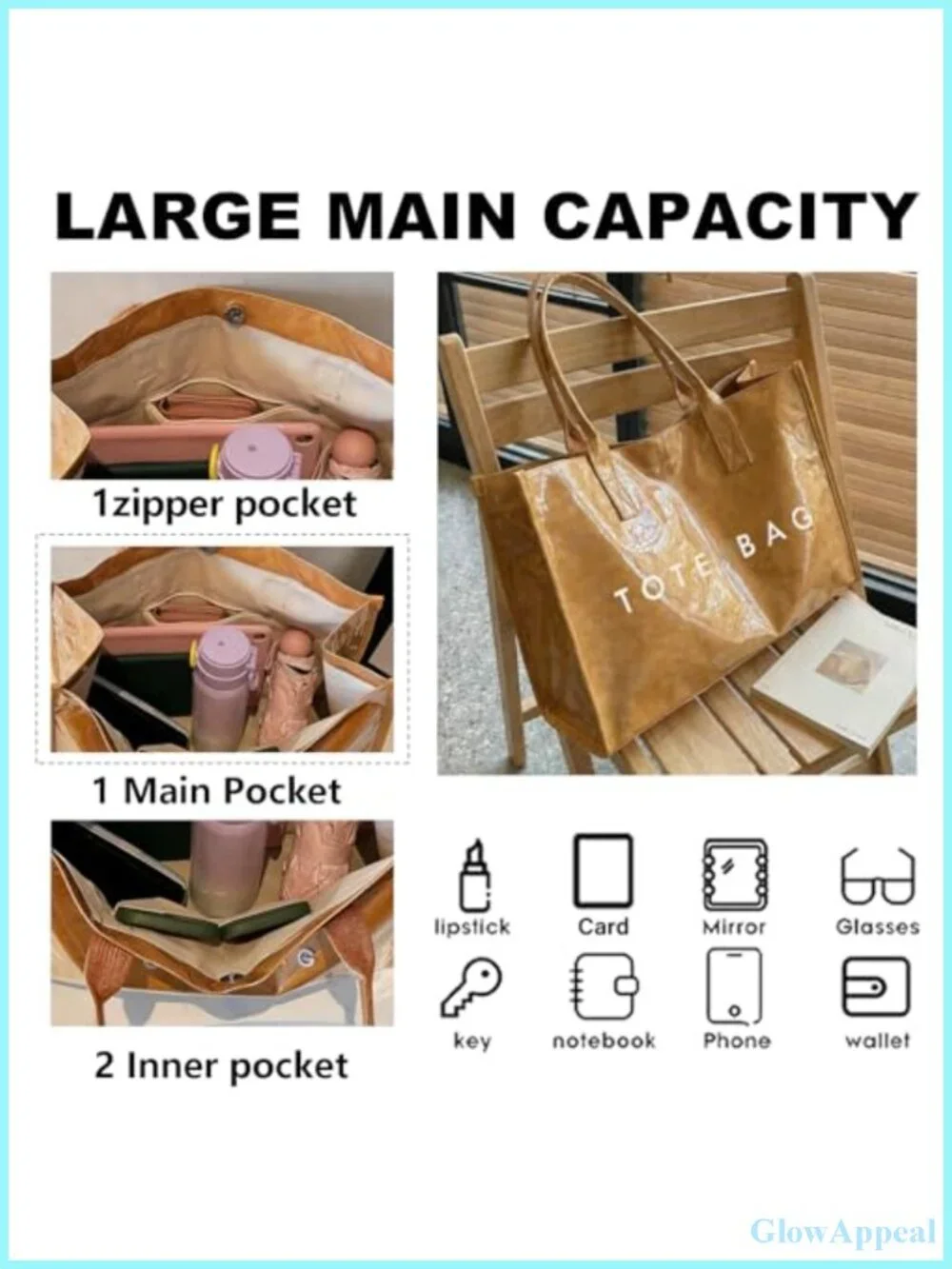 PVC Tote Bag for Women Large Work Tote Purse Letter Print Shoulder Bag Hobo